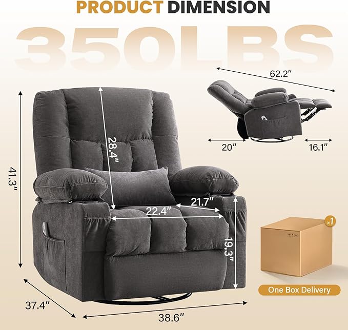 Swivel Recliner Chair for Adults with Vibration Massage and Lumbar Heat Ergonomic Rocking Chair for Living Room and Bedroom Featuring Side Pocket 2 Cup Holders &amp USB Charge Port
