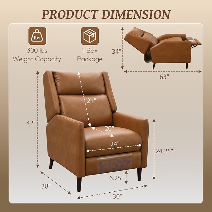 leovanni Push Back Recliner Chair Faxu Leather Upholstered Recliner with Adjustable Backrest and Footrest Modern Comfy Reclining for Living Room Bedroom Small Spaces Brown