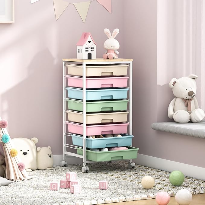 Rolling Storage Cart with DrawersUtility Cart With 8 Drawers and Wooden TabletopRolling Drawer CartStorage Drawer Cart for Living RoomClassroomBedroomBathroomDormOfficeRainbow