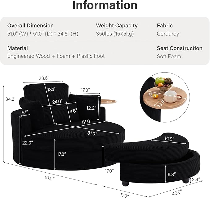 Yoglad 51” Swivel Barrel Chair with Storage Ottoman Corduroy Upholstered Accent Chair and A Half with Tray Table Oversized Chaise Lounge Round Sofa Chair for Living Room Bedroom(Black)