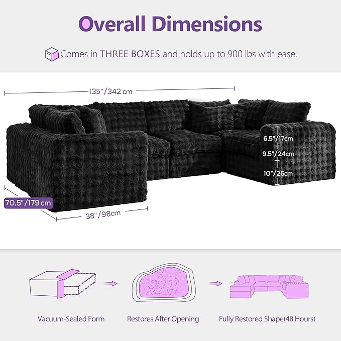 TYBOATLE 135’’ Boneless Slow-Rebound Memory Foam Couch Cloud Sectional Couches for Living Room w/Upgraded Fabric Comfy Deep Seat Fluffy U Shaped Modular Sectional Sofa w/Chaise
