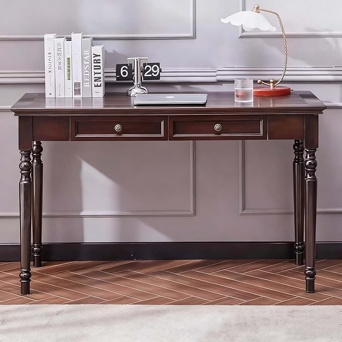 47” Walnut Solid Wood Writing Desk with Drawers Farmhouse Computer Desk with File Storage Ideal for Home Office Bedroom or Study Room