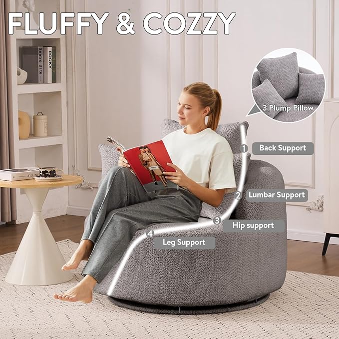 Oversized Swivel Accent Barrel Chair Comfy Deep Seat Round Single Sofa with Pillows Oversized Swivel Round Armchair Full Sponge Compression Chair for Living Room Bedroom (Grey 38 inch)