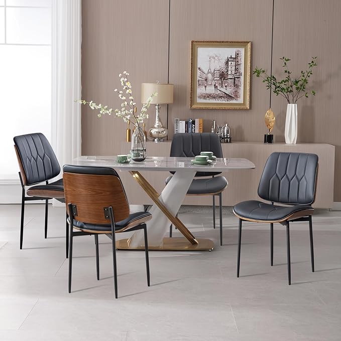 BV Mid Century Modern Dining Chairs Set of 4 Upholstered Pu Leather Armless Accent Chair with Walnut Bentwood Back Retro Kitchen Chair for Dining Room Living Room Kitchen Black