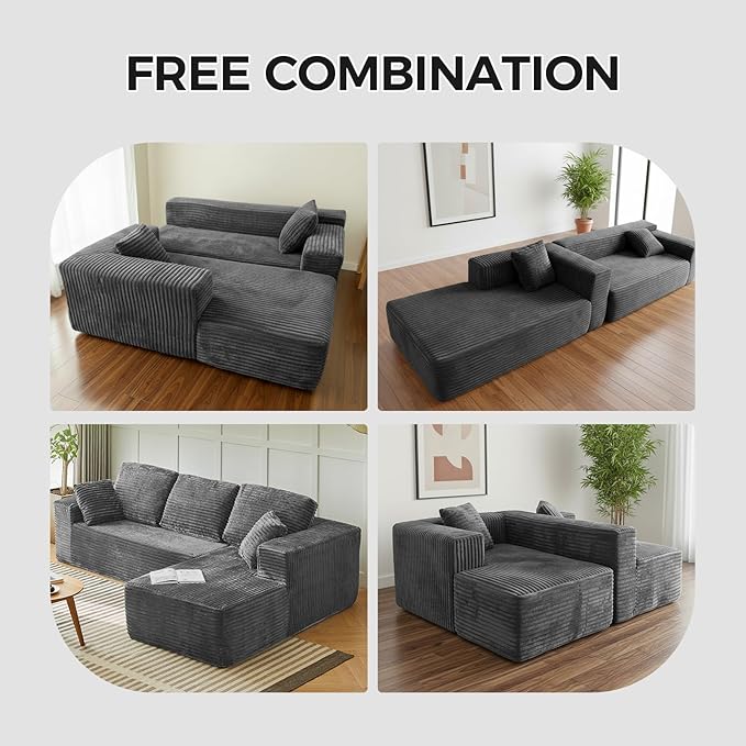 104 Cloud Modular Sectional Couch Comfort L Shaped Sofa with Deep Seat Modern Upholstered Couches for Living Room Bedroom No Assembly Required Grey (Plush Corduroy)