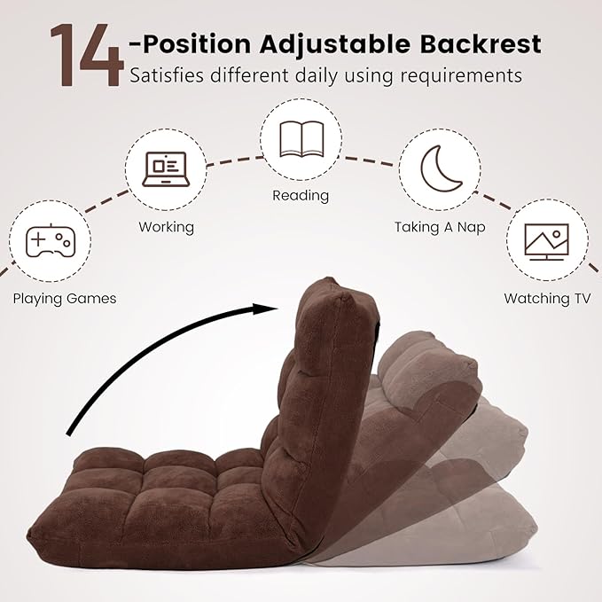Moccha 14-Position Floor Chair Folding Sofa Chair with Back Support Memory Foam Floor Gaming Chairs for Adults Adjustable Padded Couch Recliner Sleeper Bed for Reading Meditating Brown