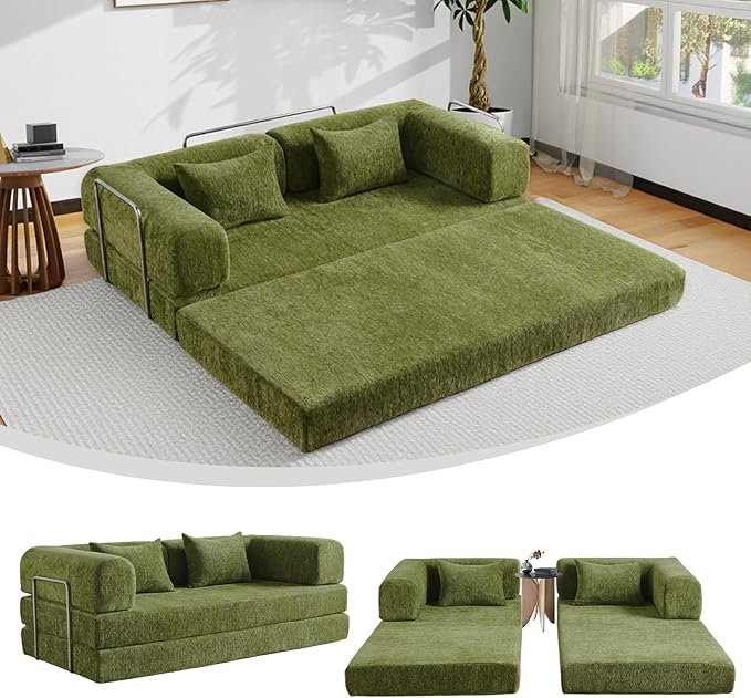 5-in-1 Convertible Folding Sofa Bed 79 Queen Chenille Boneless Couch with Removable Armrests No Assembly Loveseat Sleeper Sofa Modular Futon Couch for Living Room &amp Bedroom Green
