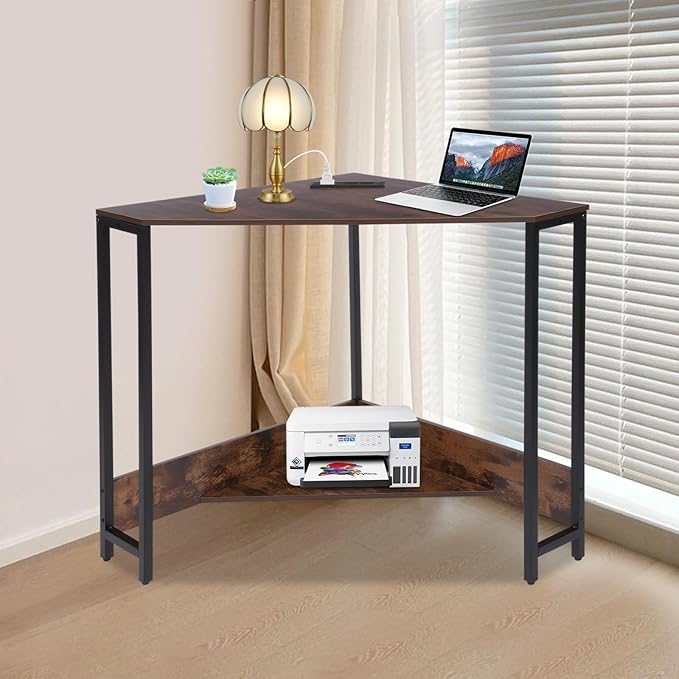 Corner Small Desk with Outlets Triangle Desk with Storage for Small Space Home Office Workstation Living Room Bedroom (Brown)
