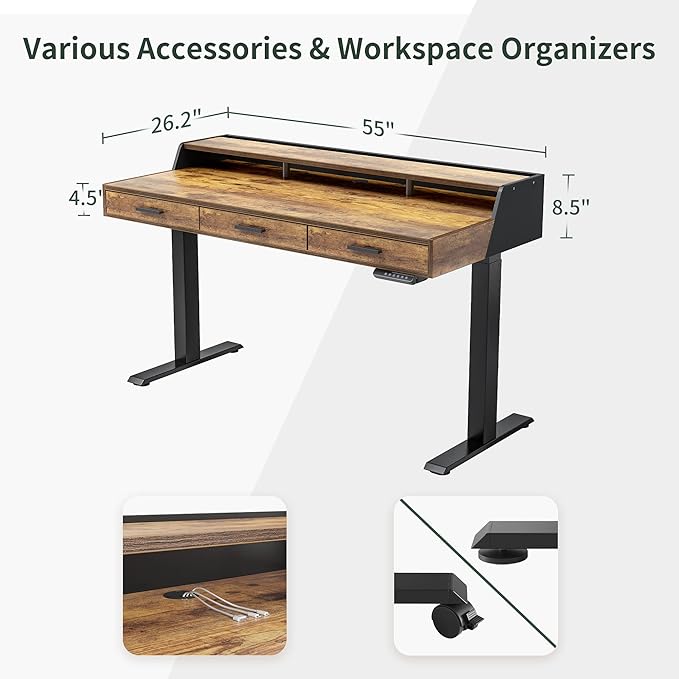 CubiCubi Standing Desk 55x26 Inches with 3 Wood Drawers and Monitor Shelf Ergonomic Rising Home Office Desks Height Adjustable Computer Desk Sit Stand Up Electric Workstation Table Antique Brown