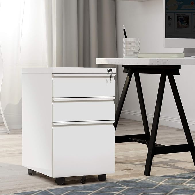 Steel 3 Drawer File Cabinet with Lock Rolling Locking Filing Cabinet with Wheels Mobile Metal Steel Office Cabinets Under Desk with Key