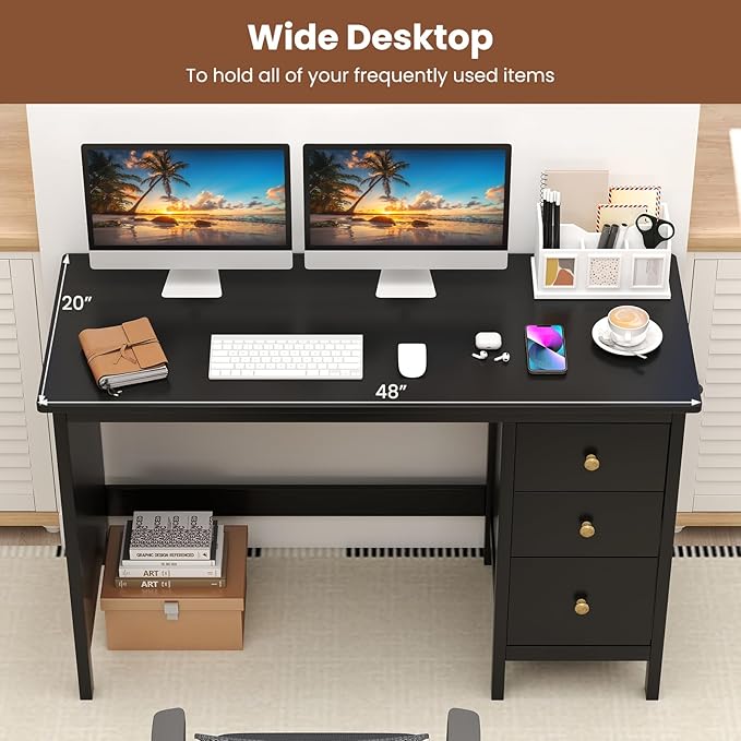GOFLAME Computer Desk w/ 3 Drawers 48 Wide Writing Desk with Storage Laptop Study Desk w/Anti-tip Kit Modern Home Office Desk Wooden Workstation Vanity Table for Study OfficeBlack