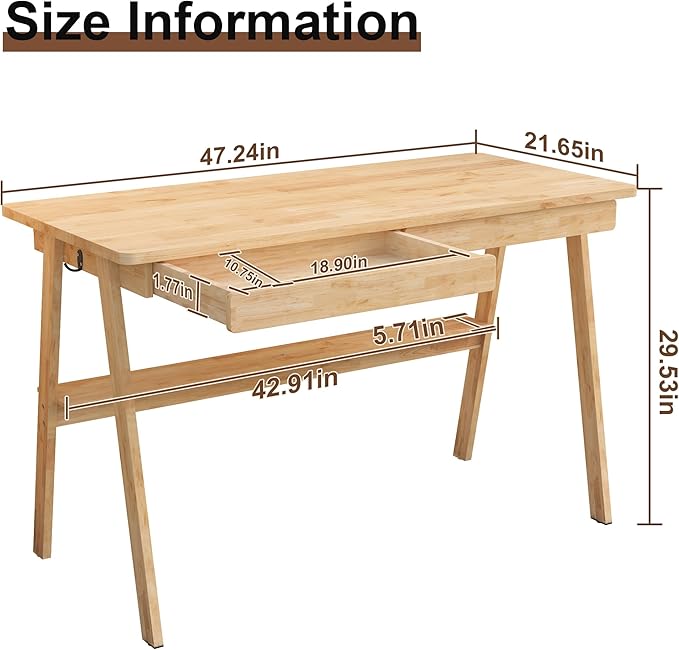 Solid Wood Desk with Drawers - 47.2 Inch Writing Desk with Drawers &amp Storage Shelf Simple Modern Study Table Home Office Computer Desks for Bedroom &amp Home Natural Boho Desks