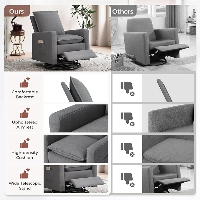 Rocker Recliner 360 Swivel Recliner Chair for Adults Fabric Chair with High Back Adjustable Push Back Overstuffed High-Density Sponge Reclining for Living Room Home Theater Nursery Bedroom