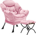 Lazy Chair with Folding Ottoman Accent Chair Velvet Upholstered with Metal Structure and Non-Slip Pads Sofa Armchair with Footrest and Side Storage Bag for Dorm Room Office Pink