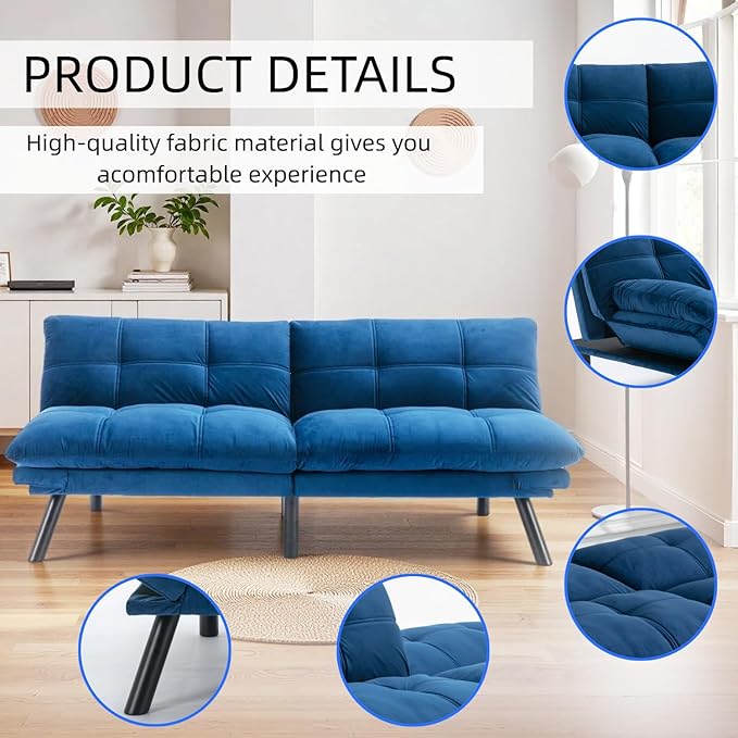 71-inch Microfiber Upholstered Futon Sofa Bed - 2 Seats Adjustable Arms/Back Iron Legs | Convertible to Sleeper for Main Living Spaces Bedrooms Offices (Navy Blue+2Seat)