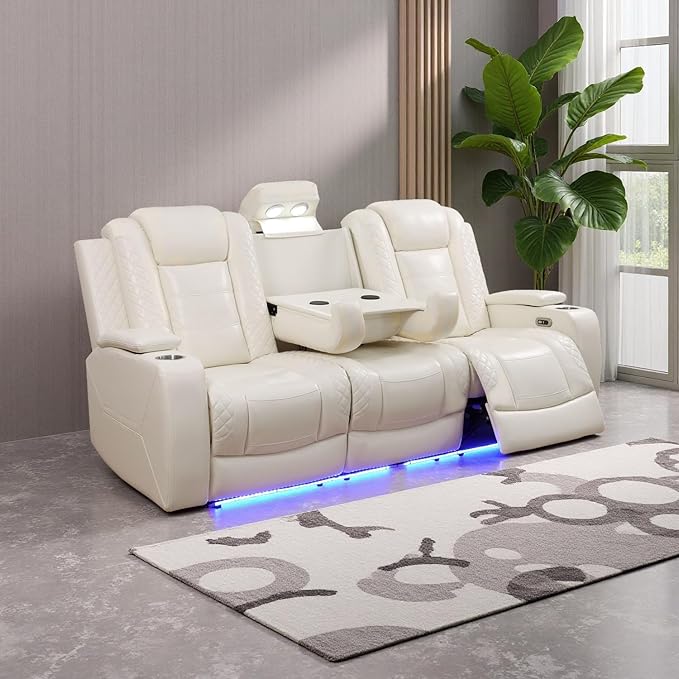 Power Theater Recliner Sofa Couch with LED Breathing Leather Reclining Couch Recliner Furniture for Living Room with Storage/Cup Holders/Read Light/Home Theater Seat Cream White(3 Seater)