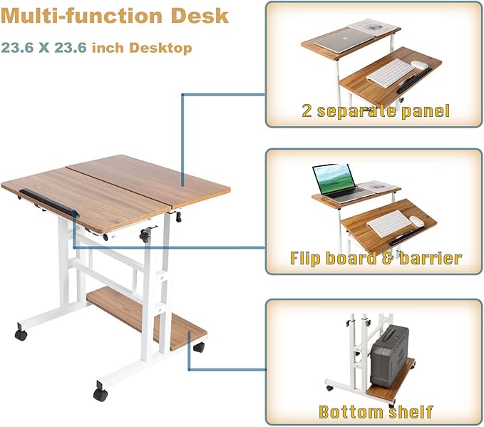 Mobile Standing Desk Adjustable Computer Desk Rolling Laptop Cart on Wheels for Home Office Tall Table for Standing or Sitting Portable Laptop Stand for Small Spaces Oak