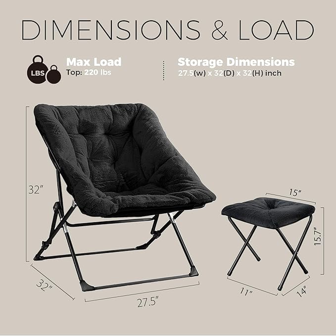 Walsham Folding Comfy Chair with Ottoman Faux Fur Soft Cozy Lounge Reading Papasan Chair with Footrest for Adults Kids Bedroom Living Room Dorms Small Space Black