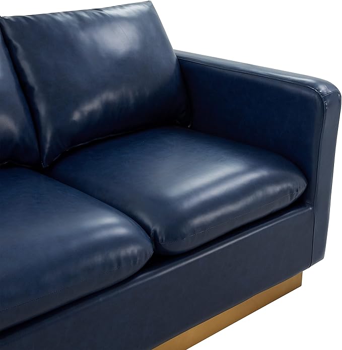 LeisureMod Nervo Modern Upholstered Leather Loveseat Sofa 2-Seater Living Room Couch with Gold Metal Base and Removable Cushions Small Space Furniture for Living Room Office Navy Blue