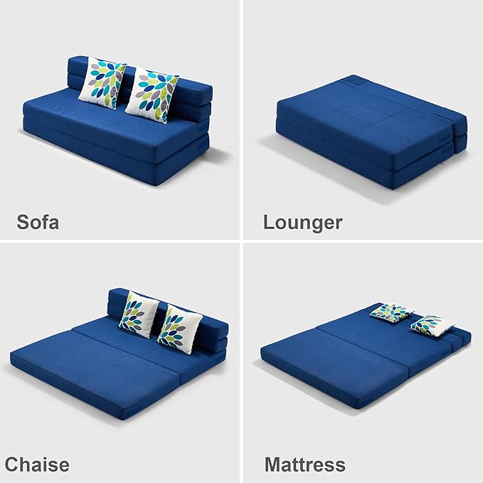ARTPLAN Convertible Folding Sofa Bed High-Density Memory Foam Sofa with a Fluffy Pillow Modern Futon Floor Couch Guest Twin Bed for Living Room/Dorm/Guest Use/Home Office/ApartmentDark Blue
