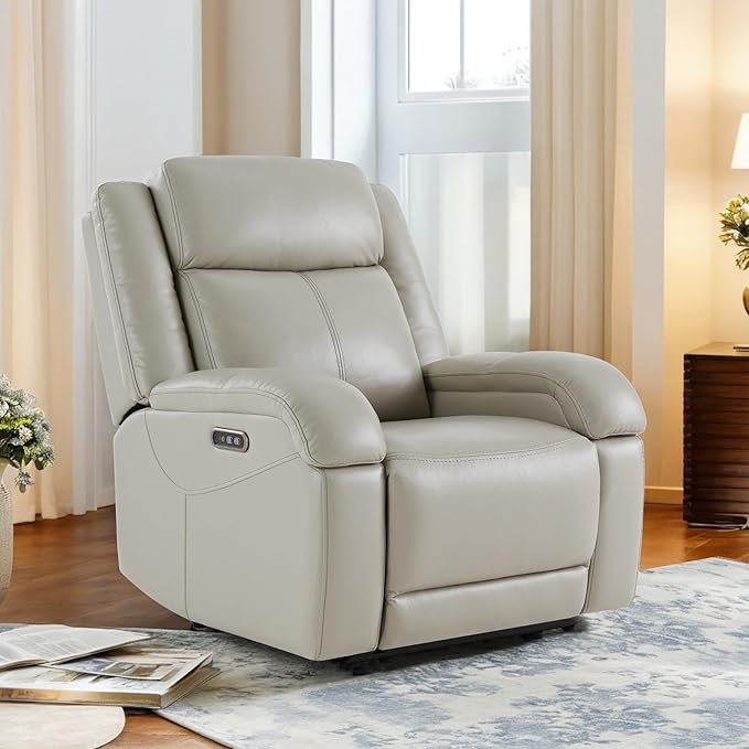 Watson &amp Whitely Genuine Leather Power Recliner Chairs for Adults Wall Hugger RV Recliner with Power Headrest &amp Charging Ports Electric Recliner Sofa Chair for Living Room Grey