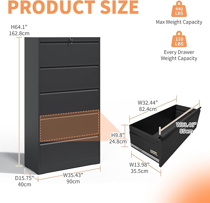 5 Drawer Metal Lateral File Cabinet with Lock Locking Filing Cabinet for Home Office Under Desk Storage Cabinet Organizer for Legal/Letter/A4/F4 SizeBlack