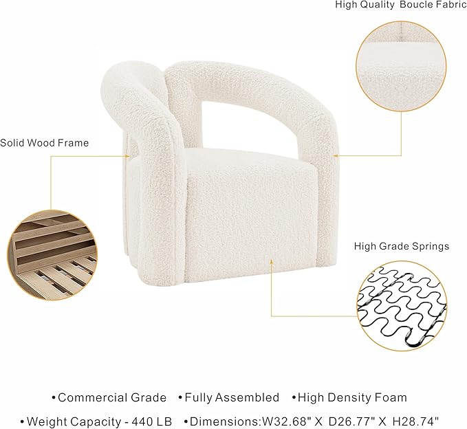 Manhattan Comfort Darian Modern Accent Boucle Chair for Living Room Upholstered Armchair with High Density Foam Padding &amp Premium Pine Wood Frame Cream