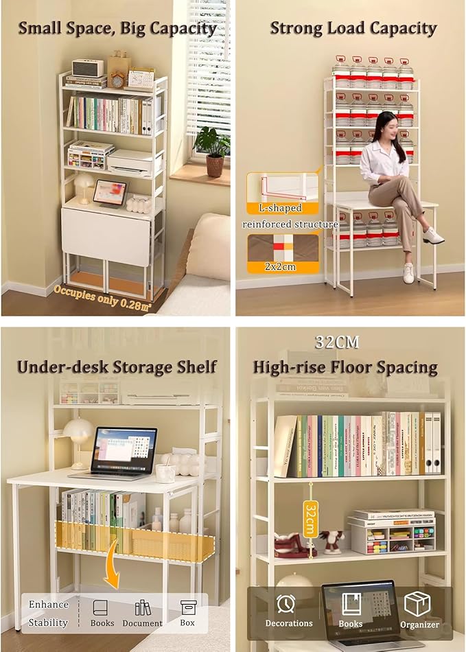 2-in-1 Bookshelf Desk Combo Folding Desk with Storage Shelf 5 Tier Bookshelf with Foldable Table White Carbon Steel Storage Rack with Wood Writing Desks for Home Office (31.5″)