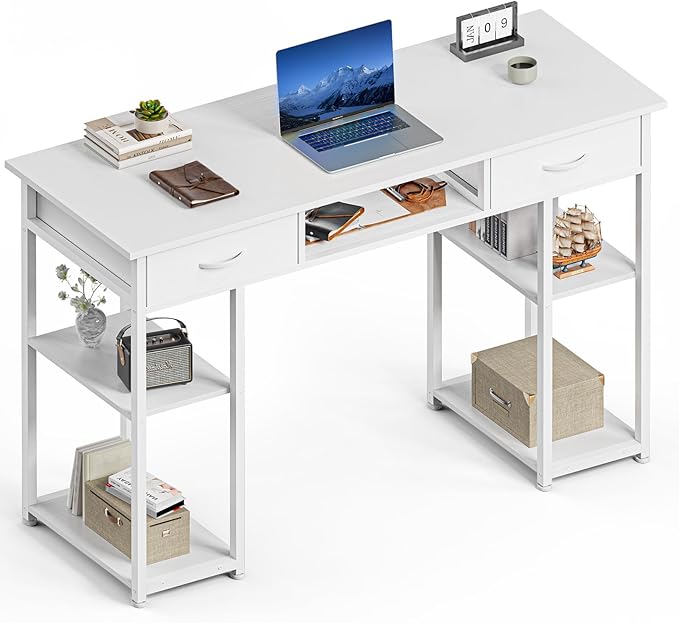 Sweetcrispy Computer Gaming Desk with Fabric Drawers - 48 Inch Home Office Bedroom Writing StudyTable with Storage Shelves Adjustable Feet PC Desk White