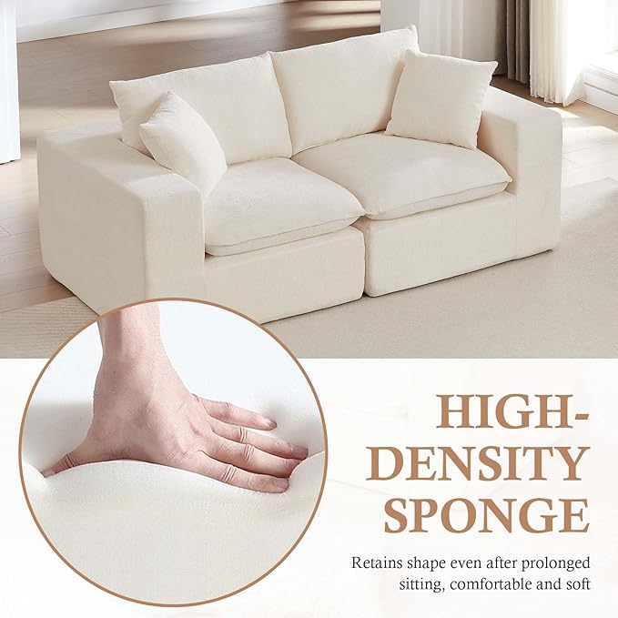 78'' Chenille Modular Loveseat White Boneless Loveseat with 2 Pillows Cloud Couch Love Seats for 2-Seater Upholstered Sectional Sofa for Living Room No Assembly Freely Combinable (White)