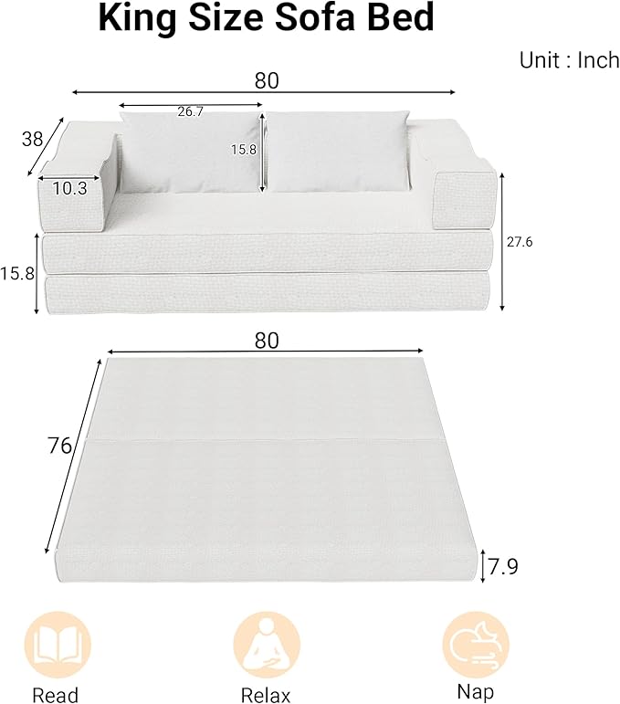 80 Foldable Chenille Futon Sofa Bed 4-in-1 Convertible Couch with 2 Pillows King-Size Floor Lounger for Living Room Guest Room Dorm - No Assembly (Beige 80in)