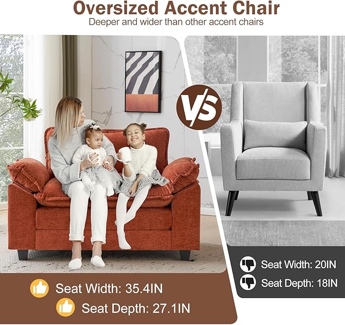 CDCASA Oversized Accent Chair Chenille Comfy Cloud Sofa Chair with Large Seat and Upholstered Armrests Modern Extra Wide Armchair Reading Chairs for Bedroom Living RoomTerracotta Orange