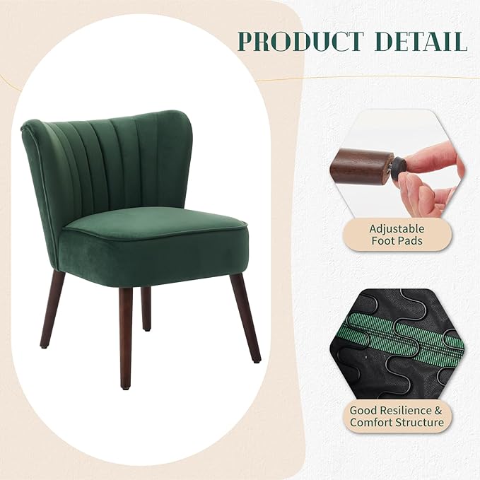 Modern Velvet Accent Chair Set of 2 Soft Upholstered Living Room Chair with Wooden Legs Comfy Armless Lounge Chair for Living Room/Makeup/Office/Bedroom Green