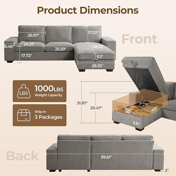 99 Sectional Sleeper Sofa Couch Chenille Convertible Chaise 3 Seats L-Shaped Sofa with 110L Storage Deep SeatWide ArmrestUSB Type-C ChargingRemovable Covers for Living Room Light Grey