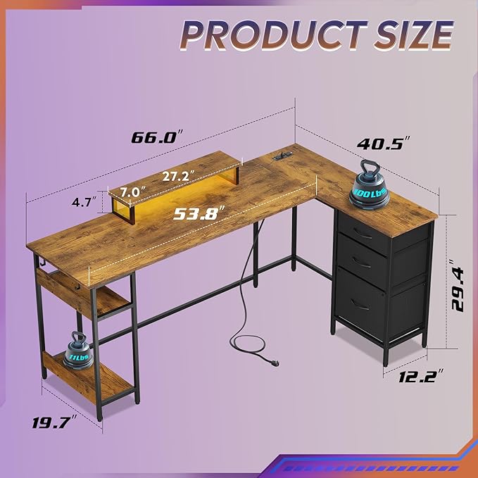 DEVAISE 66 Inches L Shaped Desk with Drawers L Shaped Office Desk with Power Outlets Monitor Stand Computer Table Gaming Desk with LED Light Large Corner Desk for Home Office (White)