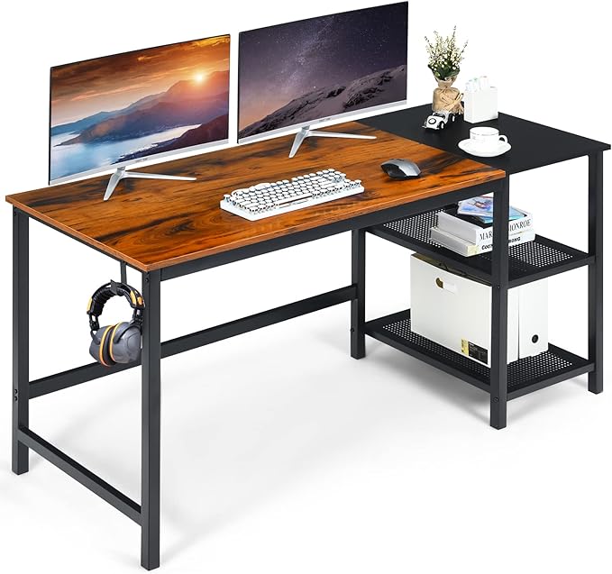 COSTWAY 59” Computer Desk with 2 Removable Storage Shelves Industrial Writing Workstation with Headphone Hook for Home Office Gaming Desk (Rustic Brown)