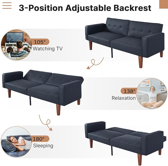 Futon Sofa Bed Leather Futon Couch Loveseat Convertible Recliner Lounge with Adjustable Backrest Foam and Spring Cushions for Living Room Apartment Office PU Leather Matte Black