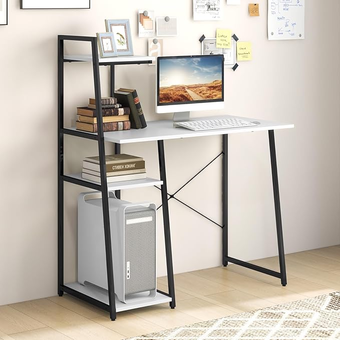 COSTWAY Computer Desk with 4-Tier Storage Shelves Home Office Desk Writing Table with Sturdy X-Shape Frame Adjustable Foot Pads Modern Simple Style Study Desk Wide Tabletop (White and Black)