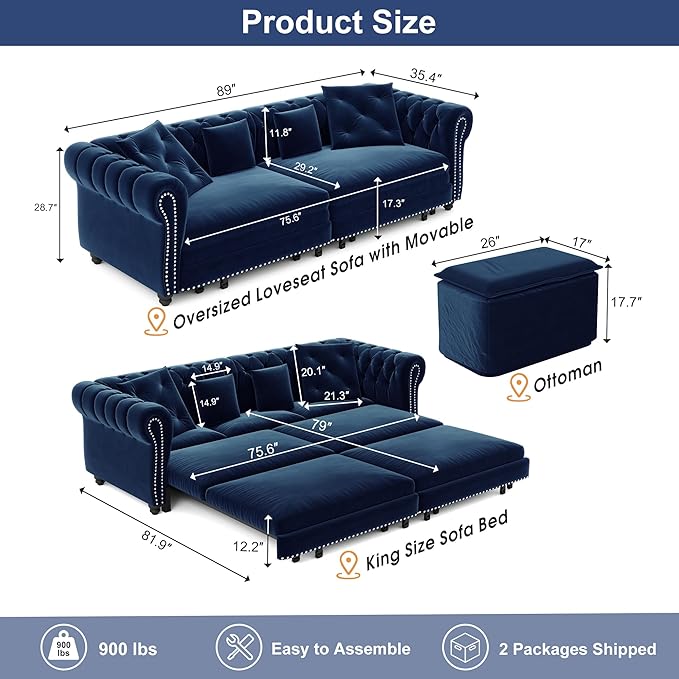 Oversized Sleeper Sofa Couch 89 Convertible Sleeper Sofa Bed for Living Room Bedroom Classic 3-in-1 Pullout Couch Bed with Movable Ottoman (Blue with Ottoman)