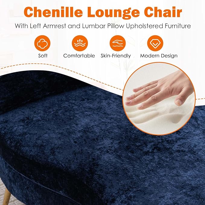 Chaise Lounge Chair Indoor Chenille Upholstered Chair with Left Armrest &amp Pillow Modern Lounge Chairs Sofa with Footstool for Living Room Bedroom Office (Blue)