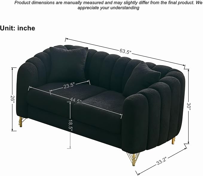 Loveseat Velvet Fabric Two- Seater Couch Buckle Design and Rivet Decoration Deep Seated Double Sofa Suitable for Living Room Bedroom Apartment Hotel etc (black-06)