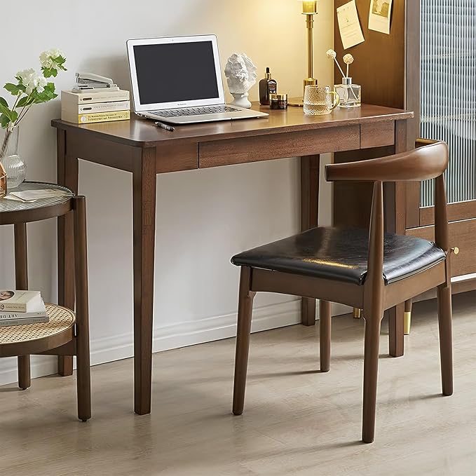 Solid Wood Computer Desk with Drawers Modern Writing Desk for Home Office Mid Century Modern Desk Oak Study Table 35.4x19.9x29.5 inches (Single Drawer) Walnut