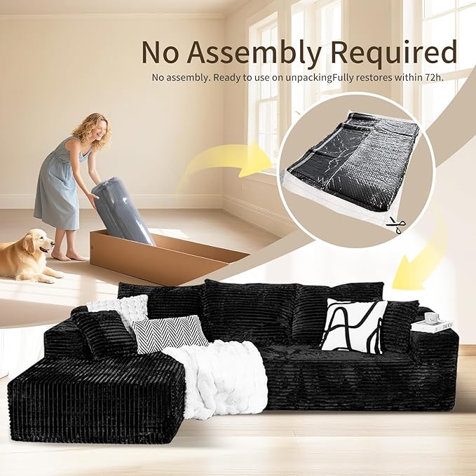 106'' Cloud Sectional Couch with L-Shape Chaise Boneless Modular Sofa with Deep Seat Modern Corduroy Couch for Living Room No Assembly Required. (Black Left-Facing Chaise)