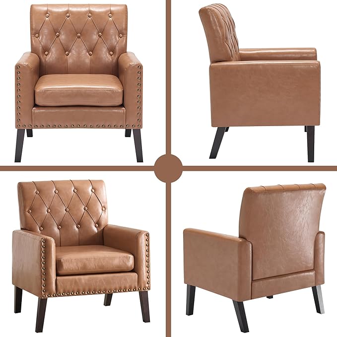 Mid Century Modern Accent Chair Light Brown Faux Leather Office Chair for Reception - Tufted Leather Club Chair for Living Room Bedroom or Waiting Room