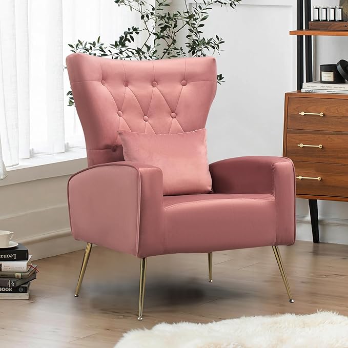 Button-Tufted Living Room Chairs Set of 2 WingBack Velvet Accent Chair Armchair with Lumbar Pillow Bedroom Chairs Vanity Chair Arm Chair with Golden Legs Pink