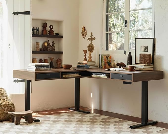 HUANUO Electric L Shaped Standing Desk 63″x55″ Height Adjustable Corner Computer Desk with 2 Under Desk Drawers &amp Open Storage Sapce Sit Stand Up Table with Power Strip Tray &amp Cable Grommets