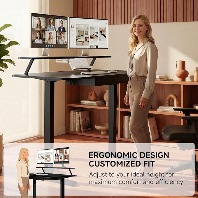GTPLAYER Electric Standing Desk with Drawers 55 x 24 Inches Height Adjustable Computer Desk with Monitor Stand Laptop Stand Home Office Sit Stand Up Desk with Memory Preset Black