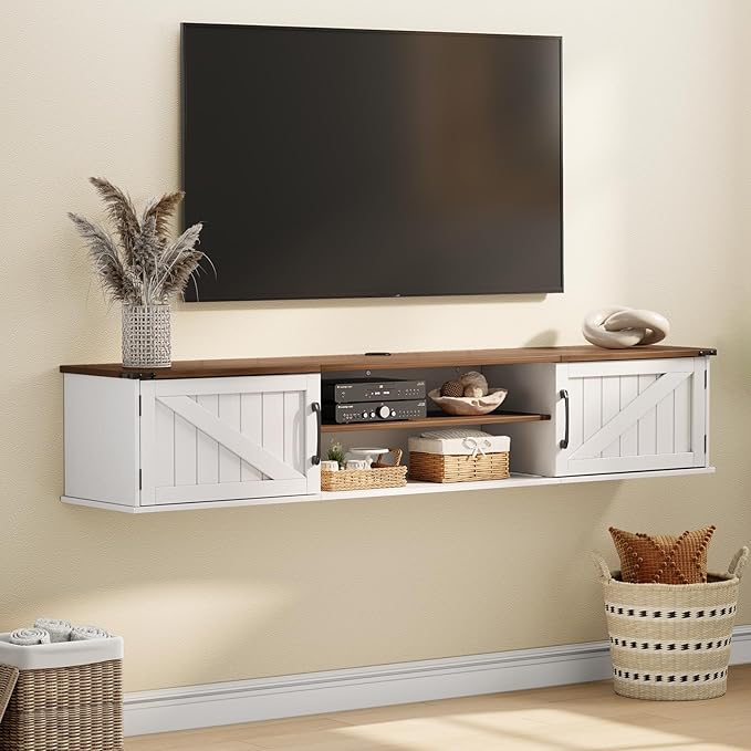 Floating TV Stand with Doors 63'' Farmhouse Floating TV Shelf for TVs up to 80 Inch 2 Tier Wall Mounted TV Stand Floating Entertainment Center TV Floating Cabinet for Living Room Bedroom White