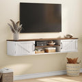 Floating TV Stand with Doors 63'' Farmhouse Floating TV Shelf for TVs up to 80 Inch 2 Tier Wall Mounted TV Stand Floating Entertainment Center TV Floating Cabinet for Living Room Bedroom White