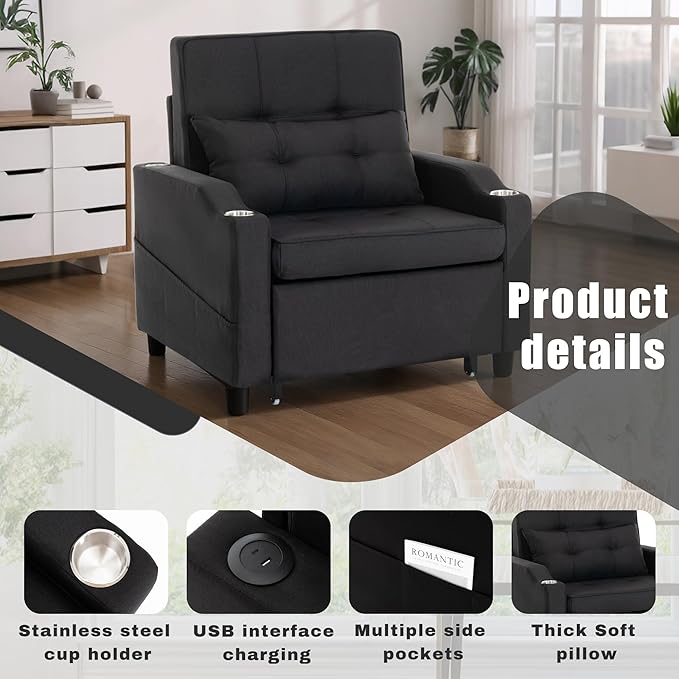 Sleeper ChairSingle Armchair Sofa with PillowAdjustable Backrest Recliner Sofa Modern Pull Out Couch Bed with USB Port Cup Holder Side Pocket for Living Room Bedroom(Black)